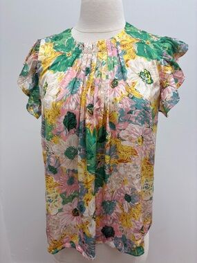 THML Multicolor Floral Pintuck Flutter Sleeve Blouse